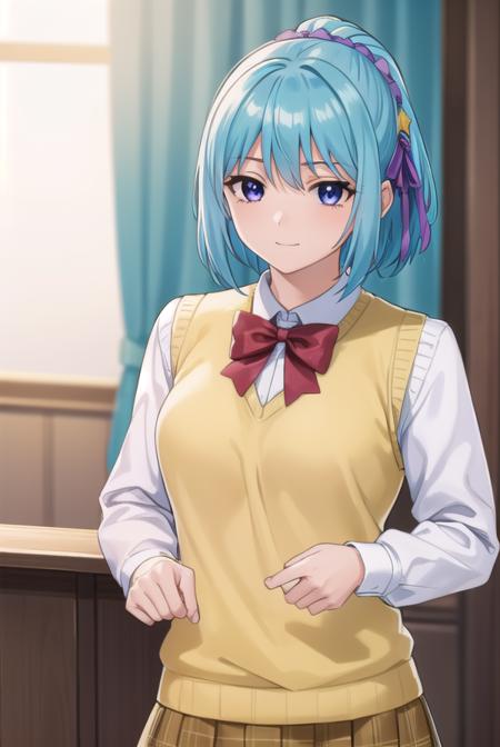 kurumukurono, <lora:kurumu kurono s2-lora-nochekaiser:1>,
kurumu kurono, short hair, blue hair, (purple eyes:1.1), ponytail, ribbon, hair ribbon, hair ornament, smile,
BREAK shirt, white shirt, long sleeves, bow, red bow, sweater vest, yellow sweater vest, skirt, plaid skirt, green skirt, socks,
BREAK indoors, classroom,
BREAK looking at viewer, (cowboy shot:1.5),
BREAK <lyco:GoodHands-beta2:1>, (masterpiece:1.2), best quality, high resolution, unity 8k wallpaper, (illustration:0.8), (beautiful detailed eyes:1.6), extremely detailed face, perfect lighting, extremely detailed CG, (perfect hands, perfect anatomy),