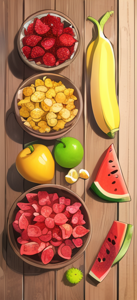 A banana, a pear, an apple, a watermelon, a cherry, a sweet potato,<lora:FoodAssets-15:1>,luxurious wooden table background