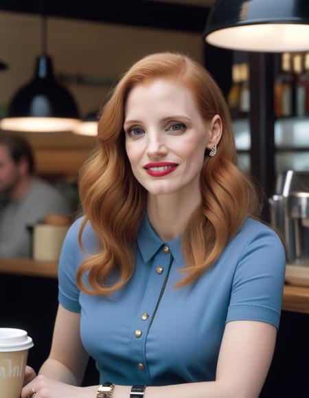 <lora:JessicaChastain:1> 1990 photo of  33 year old  JessicaChastain, in sweden, working in a cafe , soft lighting, tack sharp, 4k, dslr