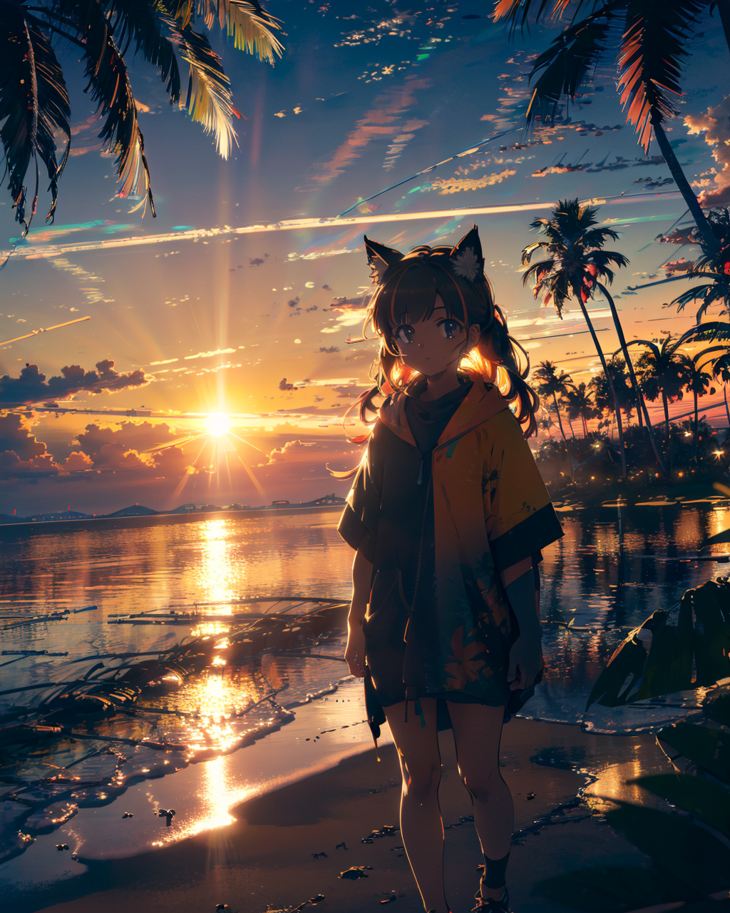 (masterpiece:1.1), (highest quality:1.1), (HDR:1.0), 1girl, golden hour, (black neon:1.18), wholesome, poncho, perfect lig...