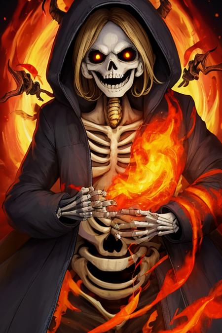 Skeleton mage cackling with glee as flames surround everything