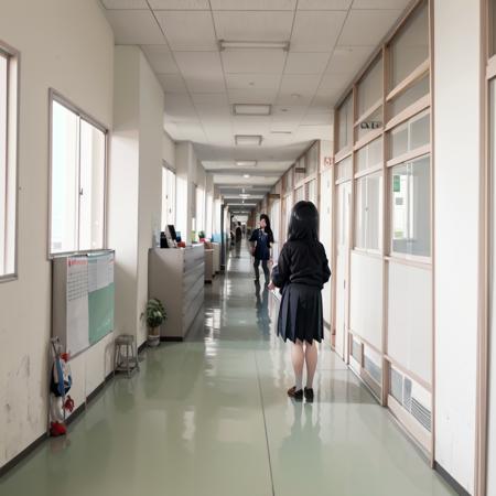 best quality, ultra-detailed, illustration,
rouka, scenery, hallway, window, school, door, indoors, sunlight, ceiling light, shadow, stairs, reflective floor, light, building, day, bulletin board, 
1girl, glasses, black hair, long hair, black eyes, school uniform, blush, looking at viewer, standing,
 <lora:rouka_school_SD15_V4:1>