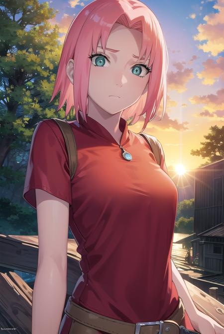 sakuraharuno, <lyco:sakura haruno shippuuden-lyco-nochekaiser:1>,
noheadband sakura haruno, short hair, (green eyes:1.5), pink hair,
BREAK shirt, (red shirt:1.5), short sleeves, vest,
BREAK outdoors, forest, sky, clouds, nature, sun,
BREAK looking at viewer, (cowboy shot:1.5),
BREAK <lyco:GoodHands-beta2:1>, (masterpiece:1.2), best quality, high resolution, unity 8k wallpaper, (illustration:0.8), (beautiful detailed eyes:1.6), extremely detailed face, perfect lighting, extremely detailed CG, (perfect hands, perfect anatomy),