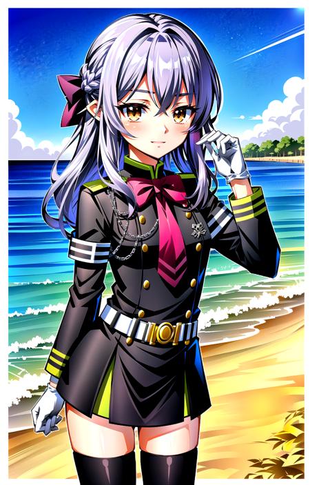 (masterpiece, top quality, best quality, official art, beautiful and aesthetic, anime style:1.4), (8k res, best quality, masterpiece:1.4), (looking at viewer, blushing, cute, nervous, cowboy shot:1), 1girl, solo, Shinoa, (purple hair, purple colored hair, bangs, long flowing hair:1.2), (brown eyes, shining brown eyes:1.3), [smile, closed mouth:1.2], [small breasts:1], (Shinoa Uniform, black jacket, military uniform zettai ryouiki, black thighhighs, black knee-high boots, white gloves:1.4), (beach background:1.4), <lora:more_details:.3>, <lora:ShinoaLora:.7>