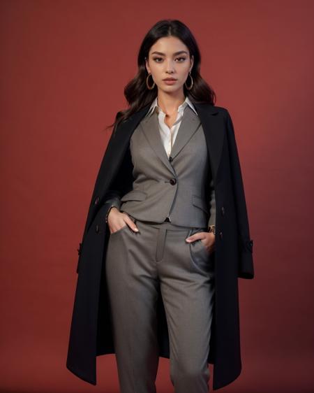 woman in formal suit standing  with her hands in pockets, makeup, earrings, simple red background, cinematic lighting,  (full body:1.2), pants, collared shirt, cleavage, <lora:COS1:1> coat on shoulders, jacket on shoulders, RAW, intricate, high details, (masterpiece, best quality, hires, high resolution:1.2),(extremely detailed,intricate details, highres),film grain