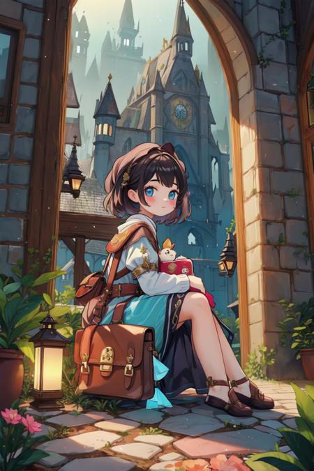 masterpiece,best quality,1girl, fantasy,magical,illumination,bag,from side,looking at viewer,sitting