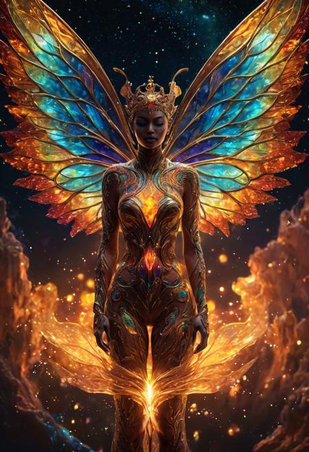 Fantasy celestial entity, chakra frontal,  whole body view, surrealism, alcohol ink, double exposure, godly aura, energy body, perfect face, glowing eyes, alluring, holografic colours, orbs of magic, fairy wings, outer space, 8k, UHD, masterpiece, hight resolution, delicate detail, hyper realistic, highly detailed, perfect composition, gorgeous, beautiful, detailed, insanely detailed, octane render, trending on artstation, 8k artistic photography, photorealistic, concept art, soft, natural, volumetric, cinematic, natural light, sf, intricate artwork