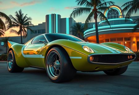 Sy meadconcept art, a futuristic chrome and steel 6 wheeled car , pop up headlights and concave rims, Chartreuse with white and gold stripes , retrofuturism, 1970s , miami sunset, in front of an art deco house , neon, background is aqua ,photorealistic , leica summilux , fuji velvia