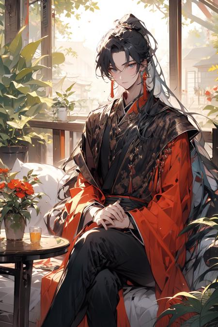 , (masterpiece:1.2), best quality,PIXIV,midjourney portrait,
long hair, hanfu, multiple boys, red flower, sitting, flower, black hair, chinese clothes, long sleeves, male focus, table, holding, window, jewelry, ponytail, looking at viewer, wide sleeves, very long hair, lattice, solo focus, indoors, earrings, hair ornament, vase, book, plant, robe, bangs, tassel, closed mouth, crossed legs
 <lora:midjourney portrait_20230625143136:0.9>