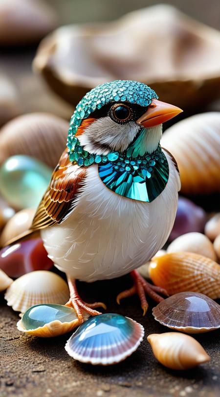 crystal sparrow with ancient, gem-encrusted shells, said to hold the wisdom of the earth within their sparkling carapaces.