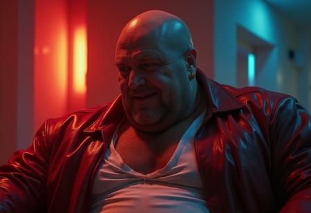 seen from side, scifi movie still, old man mutating into huge bodybuilder with gigantic muscles, gigantic muscles, huge neck, bald, shaved shaven clean face, large round belly overhang, hairy armpits, tanned sweaty oily skin, huge veins on skin, large old mans hairy chest nipples, having the most intense orgasm, sharp crisp raw photograph with grain and noise, 80s synthwave style, dark night nighttime photography, neonlit hazy atmosphere that illuminates the character, older mature hairy man with a rough big chubby manly brute face and bushy eyebrows and hairy chest with dense brown chesthair, pale blue eyes reflecting neonlight, small golden biker earring in left ear, wearing a dark red leather jacket with white v-neck tshirt underneath, in dark hightech cyberpunk apartment in a futuristic brutalist megastructure, very cozy intimate atmosphere, gentle slight loving smile, he is surrounded by a fiery electric powerful magic misty holographic aura because he has magic cybernetic fighting abilities
