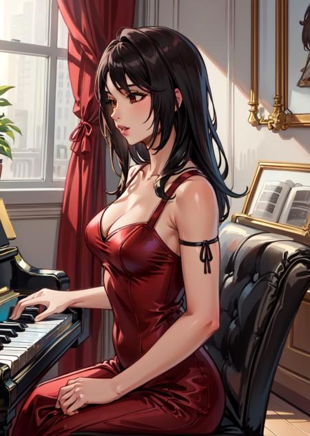 masterpiece, best quality, rinoa, long red dress, playing the piano, red velvet ballroom <lora:rinoa-nvwls-v2-000010:0.7>