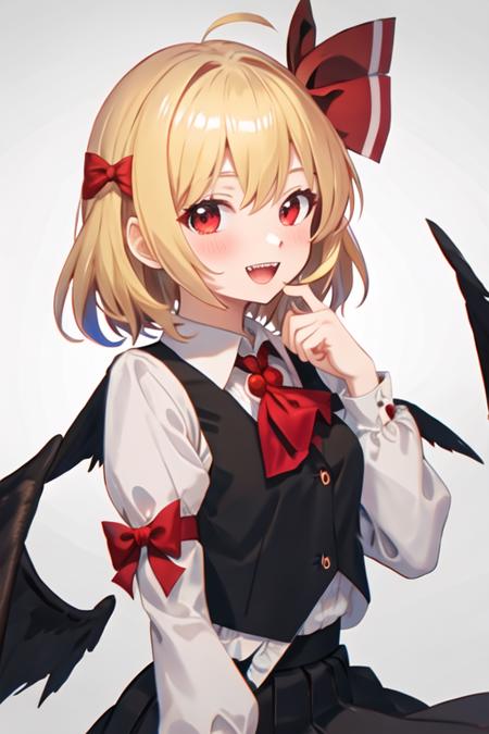 best quality, masterpiece, highres, solo, {rumia_touhou:1.15}, blonde_hair, ribbon, short_hair, hair_ribbon, red_eyes, vest, smile, open_mouth, red_ribbon, ascot, 1girl, :d, bangs, bow, bowtie, hair_between_eyes, looking_at_viewer, puffy_sleeves, red_bow, red_bowtie, shirt, simple_background, teeth, white_shirt, black_vest, collared_shirt, frills, upper_body, upper_teeth_only, black_background, black_skirt, blush, breasts, brown_background, gradient, gradient_background, hand_up, long_sleeves, puffy_short_sleeves, short_sleeves, skirt, wing_collar