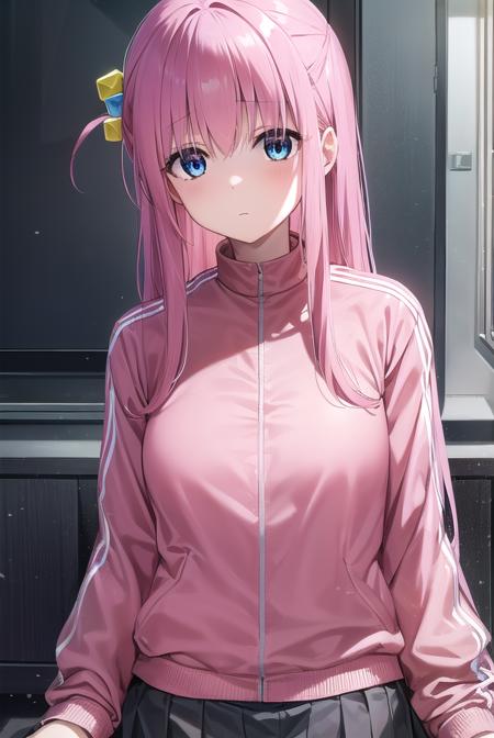 hitorigotou, <lora:hitorigotou-lora-nochekaiser:1>, 
hitori gotou, blue eyes, cube hair ornament, hair between eyes, hair ornament, pink hair, one side up, long hair,
BREAK black skirt, jacket, long sleeves, pants, pants under skirt, (pink jacket:1.5), pink pants, pleated skirt, skirt, track jacket, track pants, track suit,
BREAK indoors, classroom,
BREAK looking at viewer, (cowboy shot:1.5),
BREAK <lyco:GoodHands-beta2:1>, (masterpiece:1.2), best quality, high resolution, unity 8k wallpaper, (illustration:0.8), (beautiful detailed eyes:1.6), extremely detailed face, perfect lighting, extremely detailed CG, (perfect hands, perfect anatomy),