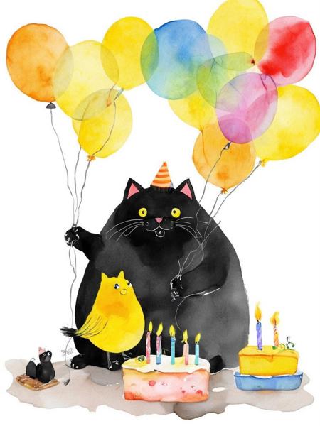 <lora:SDXL_Happy_Birthday_Sa_May-v7:1> Happy Birthday! a big black fat cat and a little yellow bird congratulate him on his birthday, candles, tory, balloons, happiness, love,  cake, watercolor