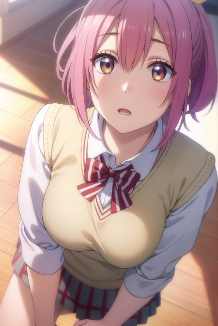 mariasarushima, <lora:maria sarushima s1-lora-nochekaiser:1>,
maria sarushima, short hair, (brown eyes:1.3), pink hair, ponytail, ribbon, hair ribbon,
BREAK skirt, shirt, bow, school uniform, white shirt, short sleeves, pleated skirt, striped, bowtie, red bow, grey skirt, sweater vest, striped bow, striped bowtie,
BREAK indoors, classroom,
BREAK looking at viewer,
BREAK <lyco:GoodHands-beta2:1>, (masterpiece:1.2), best quality, high resolution, unity 8k wallpaper, (illustration:0.8), (beautiful detailed eyes:1.6), extremely detailed face, perfect lighting, extremely detailed CG, (perfect hands, perfect anatomy),