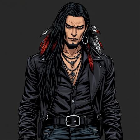 Create the image for a native american gangrel vampire, he has long black hair and now he wears dark leather jacket and also natie american decorations in his hair. Make it in a comic goth artstyle reminiscent of the Vampire the Masquerade drawings itself. Make his skin with a shade of light brown and he should have no beard. His eyes are dark brown. He is a male vampire. Manly native american. Depiction from the waist up, black belt, black shirt and jeans pants
