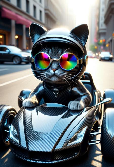 (made of Carbon Fiber:1.3), closeup cute small Carbon Fiber classic sports car, cat driving on, wear round goggles, wear animal ears helmet, run through on city street, Dust, Taste the Rainbow, cinematic, cinematic lighting, (masterpiece, best quality:1.4), ultra-high res, 4k, Photorealistic, insanely detailed, sfw,