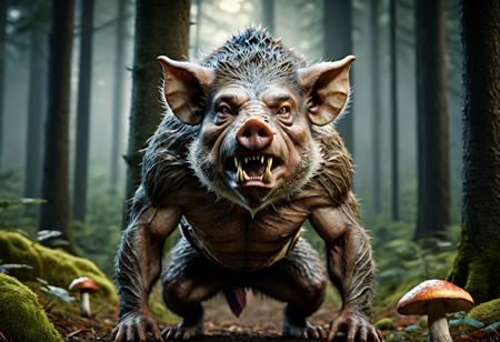 Frontal view, upper body view, Hyper-realistic photo, lifelike texture, grainy, cinematic, 4k, quality, detailed, impressive, wildlife animal shot, 
Create an image of a hybrid boar and goblin. He has the body of a powerful boar with thick, bristly hair, but with the characteristic features of a goblin: large ears, sharp teeth and a cunning expression. The hybrid stands on its hind legs, holding a small sword in one hand and a bag of treasures in the other. The background is a wooded area with bright mushrooms and mystical light, emphasizing its unusual appearance