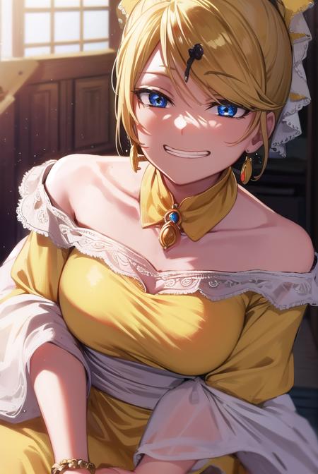 riliane, blonde hair, blue eyes, ponytail, short hair, parted bangs, bow, bracelet, dangle earrings, detached collar, dress, (yellow dress:1.5), dress bow, earrings, flower, flower brooch, frilled dress, frills, gown, hair bow, hair ornament, hairclip, jewelry, long sleeves, necklace, off shoulder, off-shoulder dress, pendant, sash, wide sleeves,