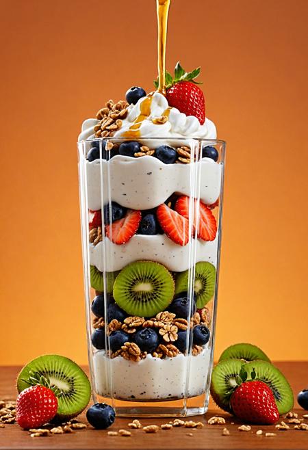 Fresh fruit parfait scene with elements floating in the air, against a sunrise orange background, high resolution, high detail, hyper realistic style, showcasing layers of yogurt. granola, honey drizzle, and a variety of fresh fruits like strawberries, blueberries, and kiwi slices