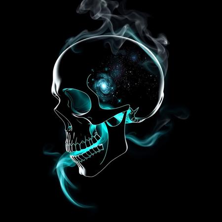 Cybernetic Skull, black background, slhouette black and white outline, skull made of smoke, neon teal_flames, pov sideview, smoke rises from back of skull, whole Galaxy in skull