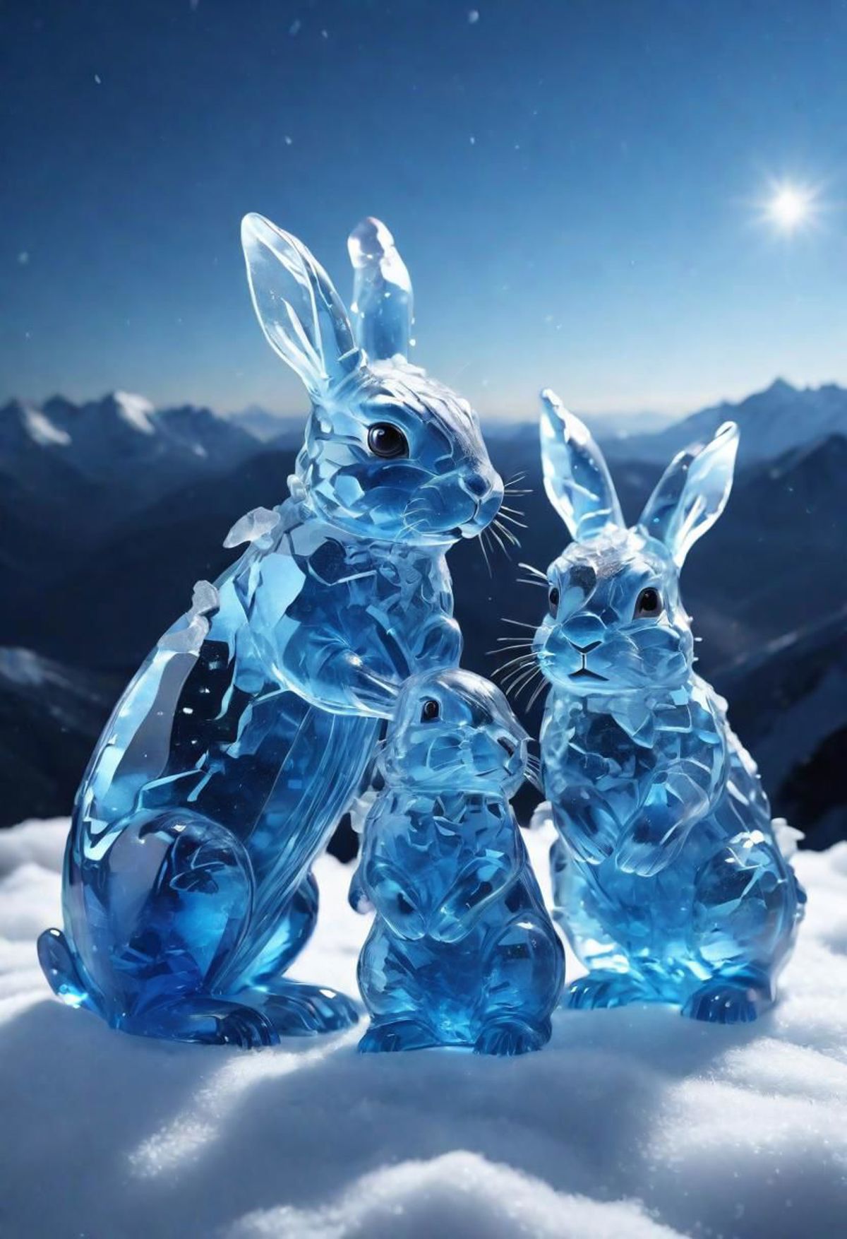 A Group of Three Blue Glass Bunnies Sitting in the Snow