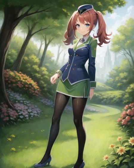 best quality, (masterpiece:1.2), illustration, absurdres,
(1girl, solo), (beautiful detailed girl),
<lora:Fran2-07:0.85>, Fran Seeker, blue eyes, small_breasts, red hair, twintails,
 garrison cap, uniform, suit, green miniskirt, black pantyhose, green high heels,
smile, happy, looking at viewer,
magical forest, flowers, fairy ring, glowing plants, ancient ruins, stone ruins, sky, clouds,