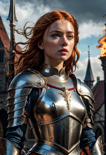 High resolution ultra-realistic of Beautiful Warrior Sadie Sink as Joan of Arc, 8k, capturing the intensity of the moment, cinematic lighting, standing on a bloody and stormy battlefield in bloody battle, wavy red hair, realistic dirty pale face, realistic blue eyes,  beautiful hourglass figure, burning in a medieval Town, intricately designed iron and silver armor, Dark Ages Aesthetic, perfect athletic figure, beautiful Warrior Joan of Arc, fire, ultra realistic, cinematic style, vigorous and seductive, athletic figure, dark fantasy, dramatic lighting, wet and sweaty skin, dirty skin, athletic figure, dark fantasy, dramatic lighting, Greg Rutkowski style,, Warrior Joan of Arc on in iron armor, hyper-detailed, hyper-realistic, bright colours, Attractive 21 old years girl, Attractive, beautiful firm Breasts, sharp focus, digital painting, Photograph Taken on Nikon D750, Alphonse Mucha, 8K, athletic figure, Hyperdetailed, hyperrealism, Attractive, Attractive bust girl, asymmetric balance