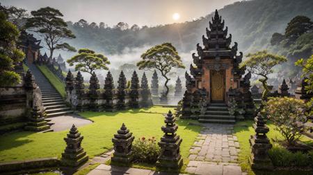 from above, landscape, baligapura gate, stone statue, wall stone, village, stone stairs, yellow cloth, detailed, ornament, bali, tree, grass, flower, frangipani flower tree, epic, dawn, night, moon, yellow light lamp, fog, dramatic lighting, dim light, bokeh, <lora:ARWBaliGapura:1>  <lora:epi_noiseoffset2:0.4> advntr