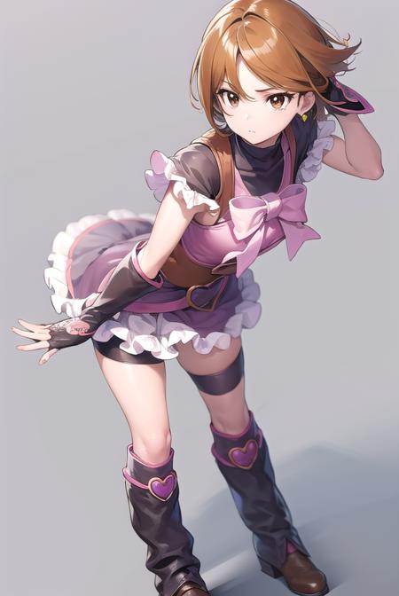 cure black, ahoge, (brown eyes:1.5), brown hair, eyelashes, short hair, (swept bangs:1.5), arm warmers, bike shorts, bike shorts under skirt, black footwear, black gloves, boots, bow, brooch, earrings, fingerless gloves, frilled legwear, frilled skirt, frilled sleeves, frills, gloves, heart, heart brooch, high heels, jewelry, knee boots, magical girl, ribbon, short sleeves, shorts, shorts under skirt, skirt,