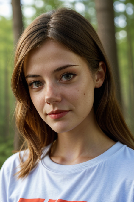 MegBellamy, portrait photo, (detailed eyes:1.1), (long wavy hair) BREAK, wearing a (1980s white t-shirt with orange stripes:1.1), posing for a picture BREAK with a stranger things background, moody light, (masterpiece), ((forest)), (detailed face:1.2)