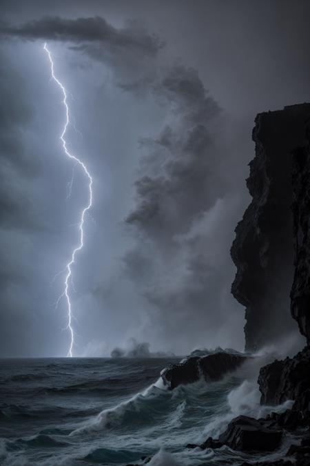 violent ocean storm over a deep black abyss, towering waves crashing against jagged rocks, dark thunderclouds swirling above, flashes of lightning, ultra-detailed sea spray and foam, ominous cinematic tone