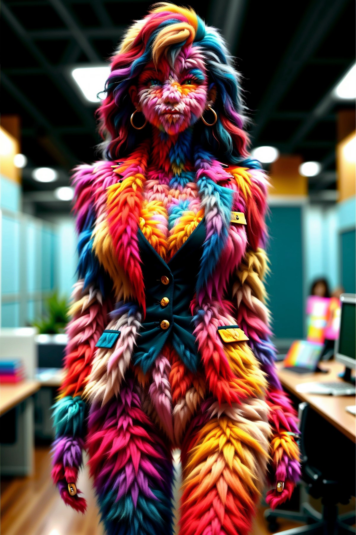 martius_fuzz woman, colorful, wearing a business suit, office background <lora:martius_fuzz:1.1>