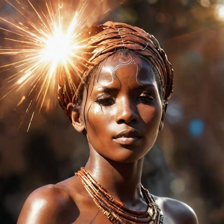 artistic Anime, (copper theme:0.7) , Chic Masai Mother of Thoughts, Smoky Conditions, Lens Flare, F/8, Impasto, art by Anthony Day, grace