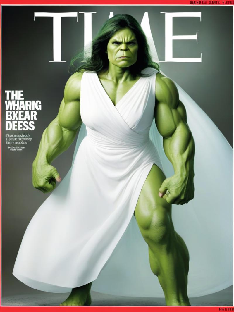 The Hulk in a white dress on the cover of Time Magazine.