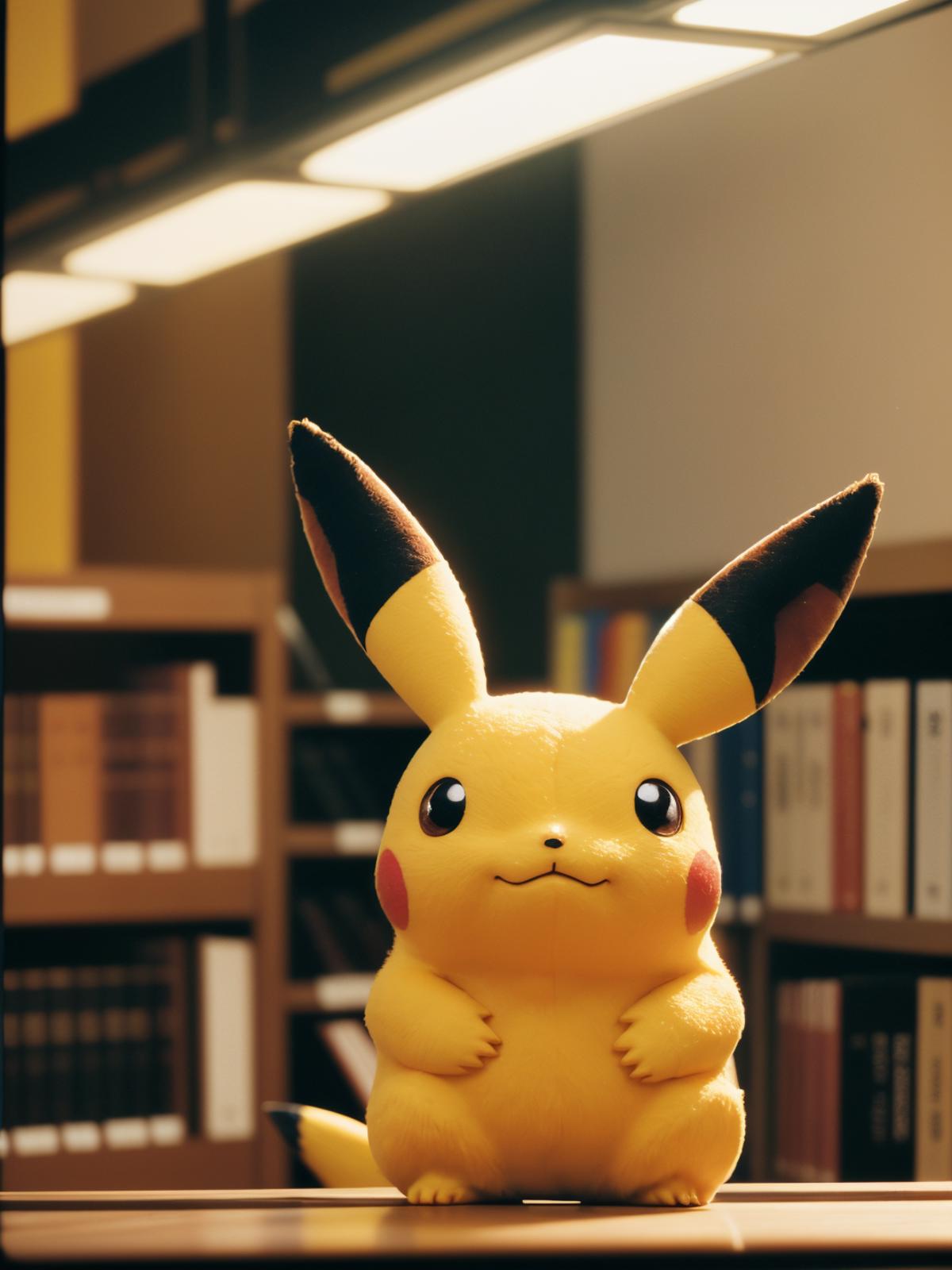 A yellow Pikachu sitting on a shelf with books behind him.