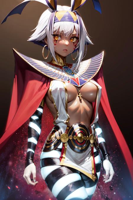 (masterpiece, best quality:1.2), nitocris alter, fgo, (stage 2, glowing legs, bandages:1.4), 1girl, egyptian, dark-skinned female, egyptian clothes, yellow eyes, bangs, short hair, white hair, jackel ears, facial markings, large breasts, hairband, sidelocks, jewelry, breast curtains, hoop earrings, red cape, dark background <lora:NITOALTER-15:0.7>