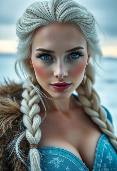 Gorgeous woman looking like Elsa from Arendelle, ((skin pores)), 25 years old, looking at the camera, makeup, mascara, eyeliner, blue eyes, high contrast, (natural skin texture, hyperrealism, soft light, sharp), (curvy:0.9), very big boobs, huge breast, ((sexy), (strong wind, storm of wind, epic, heroic, mystic, masterpiece, Canon EOS 5D Mark III, 85mm Sharp focus, dlsr, 8k, high-contrast, dramatic lighting, striking composition, strong and assertive pose, sexy, erotic, allure, on a frozen lake, Hasselblad 500C camera, 20mm medium format film, ultra realistic