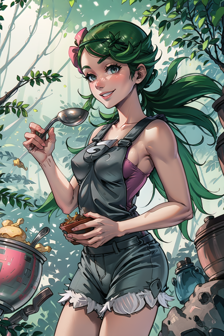 <lora:MallowLora-15:0.7>, mallow \(pokemon\), medium breasts, grey overalls, grey shorts, pink shirt, holding ladle, cooking pot, pot, smile, soup, jungle, outdoors,