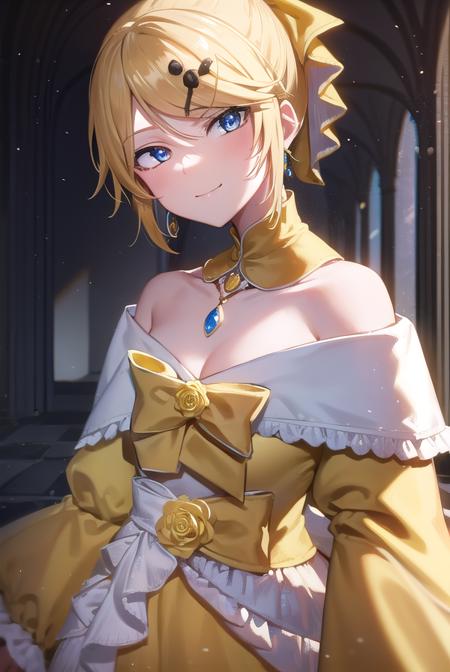 riliane, blonde hair, blue eyes, ponytail, short hair, parted bangs, bow, bracelet, dangle earrings, detached collar, dress, (yellow dress:1.5), dress bow, earrings, flower, flower brooch, frilled dress, frills, gown, hair bow, hair ornament, hairclip, jewelry, long sleeves, necklace, off shoulder, off-shoulder dress, pendant, sash, wide sleeves,