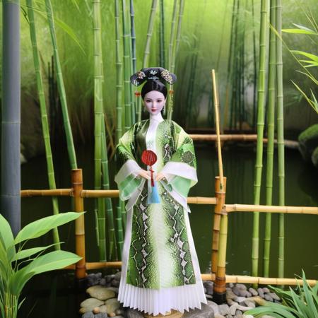 , ultra quality,  ex_chinese_dolls, exchdls, exdls, green and white dress, snake print, the backdrop is a bamboo forest,  she's standing on an open space surrounded by bamboo sticks and next to a pond, she's holding a Chinese Silk fan  <lora:Exquisite_Chinese_Dolls_-_SDXL1.0-000013:1>