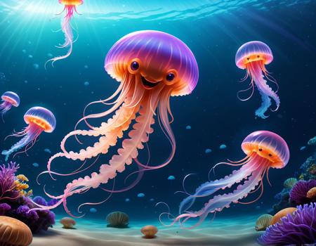 concept art <lora:Smiling_Jellyfish_XL_Series:1> jellyfish swimming in the ocean, pink jellyfish everywhere, jellyfish god, jellyfish, space jellyfish, jellyfish wearing glasses, jelly fishes, transparent jellyfish, jelly fish, glowing jellyfish, jelly fish dancing, jellyfish element, sublittoral jellyfish schools, sea like jelly, jelly, hamburger mix jellyfish, fish squid and jellyfish, neon jellyfish, jellyfish elements, translucent glowing jellyfish
 . digital artwork, illustrative, painterly, matte painting, highly detailed