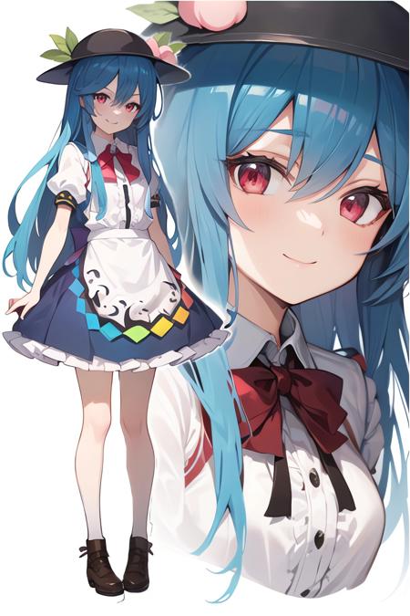 2d, 1girl, masterpiece, best quality, anime, highly detailed eyes, highly detailed face,  hinanawi tenshi ,straight-on,standing , full body , smile ,red eyes , looking_at_viewer, highly detailed background, perfect lighting, 