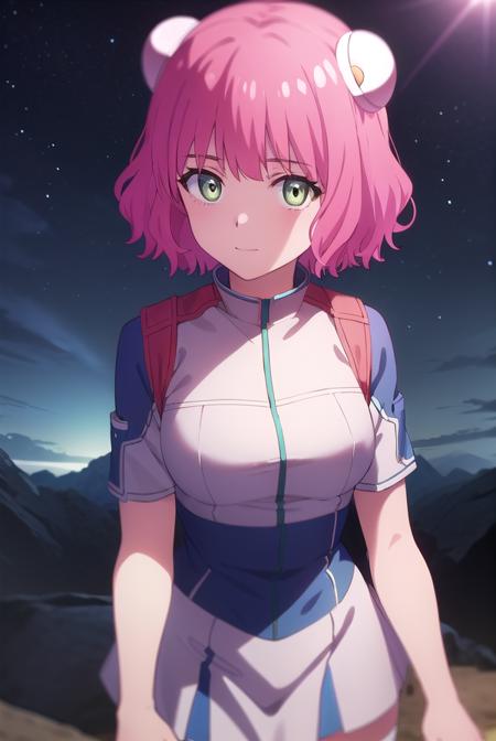 aries spring, short hair, (green eyes:1.3), pink hair, hair bun, double bun, thighhighs, dress, short sleeves, white thighhighs, zettai ryouiki,