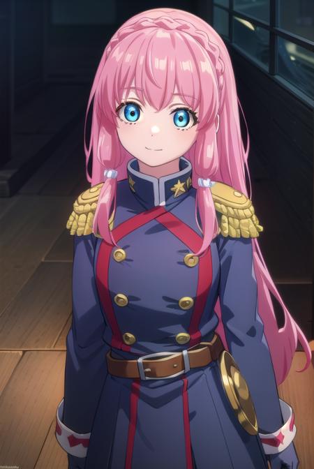 nei ookawamura, long hair, blue eyes, hair ornament, pink hair, braid, gloves, boots, belt, skirt, uniform, military, military uniform, epaulettes,