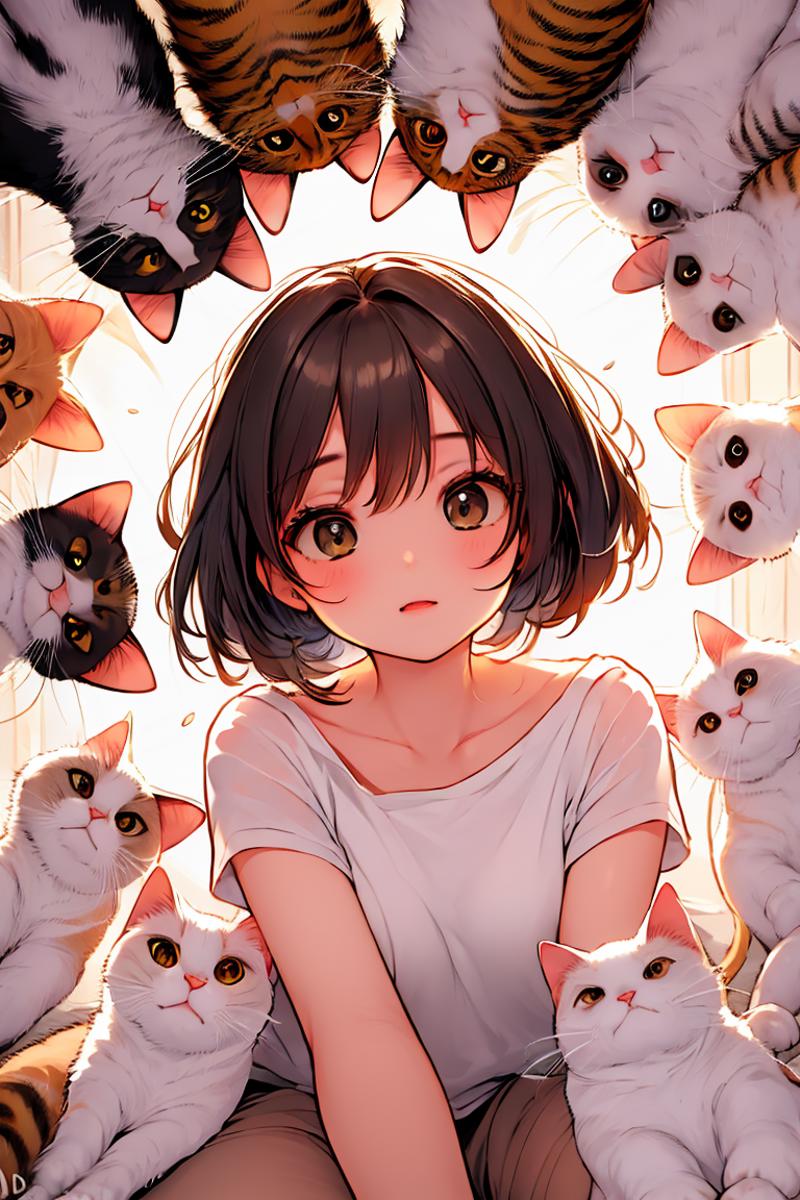 A young girl surrounded by many cats.