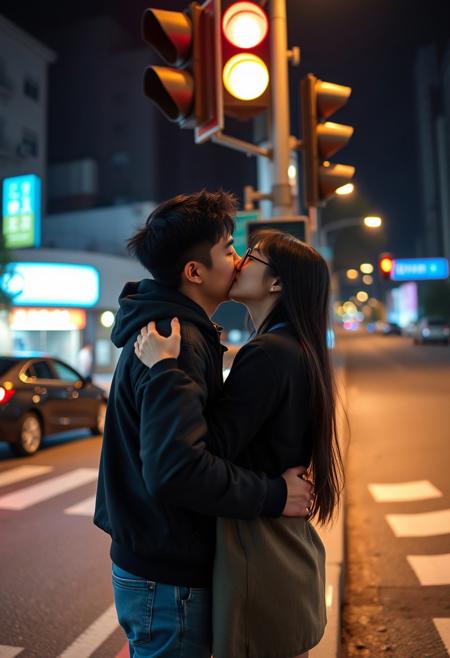 A Taiwanese college student couple couldn't help but hug and kiss each other with their eyes closed while waiting for the traffic light at an intersection at night. The man is 180 cm tall with short black curly hair, and the woman is 150 cm tall with long straight black hair and wears black round-frame glasses.
FHD, Rich in details, masterpiece.