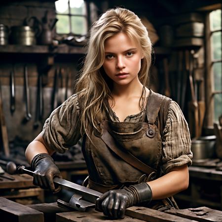 <lora:RPGWeaponsmith:0.7> weaponsmith:1.3,  1girl, solo, long hair, cluttered workbench, hanging weapons, forge, workbench, blonde hair, brown hair, lips, blurry, blurry background, realistic:1.3