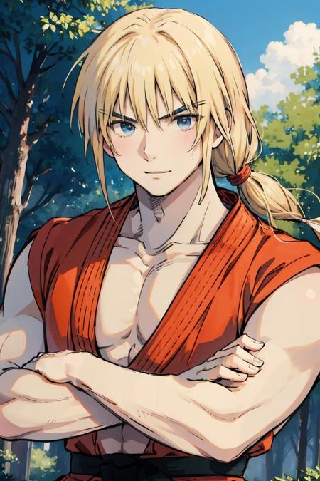 kenalpha, 1boy, male focus, blonde hair, long hair, muscular, gloves, fingerless gloves, pectorals, martial arts belt, kimono